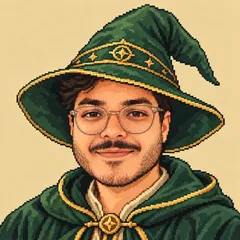 Bernardo wearing round glasses and a green-and-gold wizard costume, illustrated in pixel art.